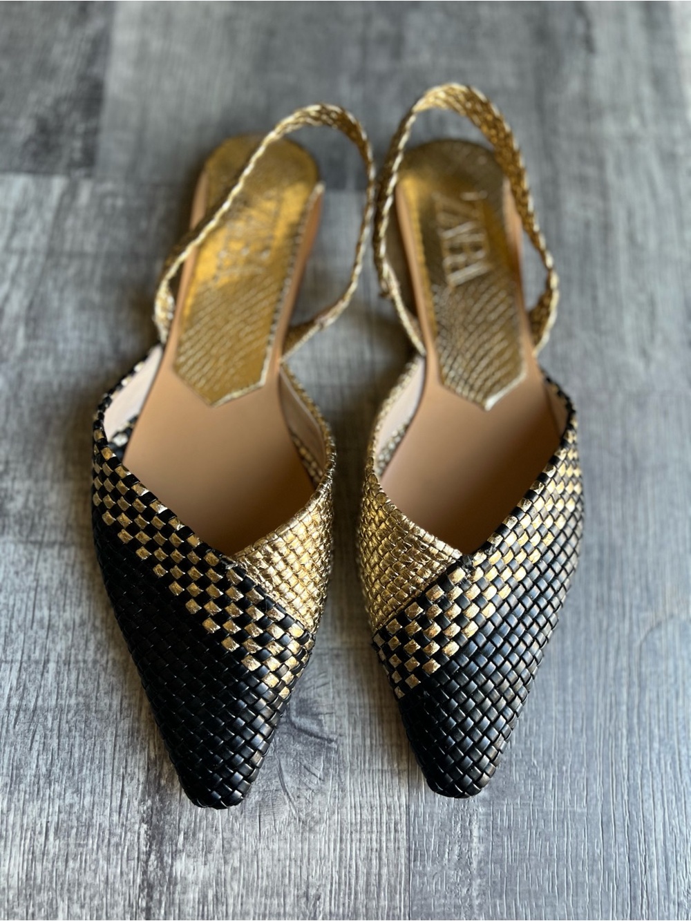 Zara Woven Pointed Slingback Flats in Black and Gold